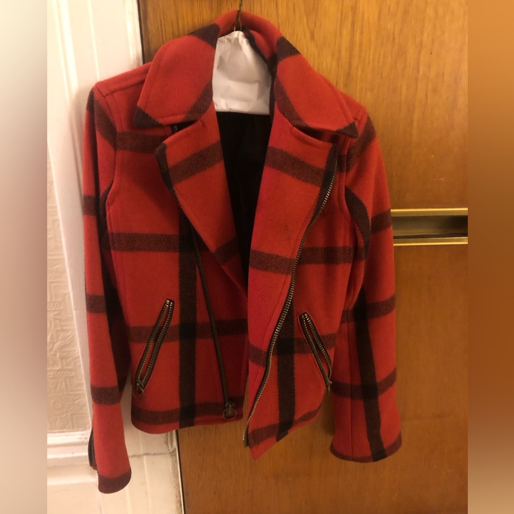 Red and black plaid moto jacket
